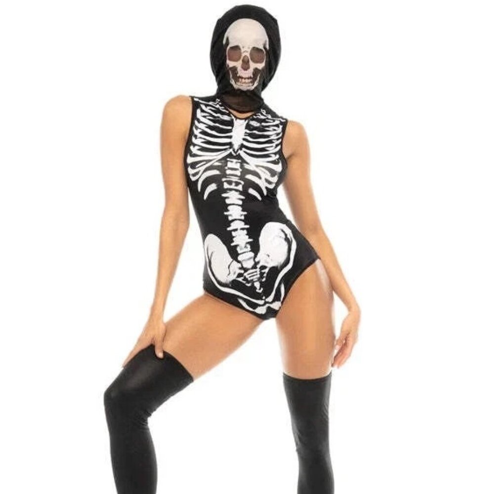 Mardi Gras Krewe Hooded Bodysuit Sensual Skull Skeleton Costume